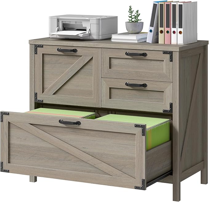Wood Lateral File Cabinet with 4-Drawer for Hanging Files Letter/A4/Legal Size, Large Farmhouse Filing Cabinets for Home Office, Printer Stand with Office Cabinet, Office Furniture, Rustic Grey