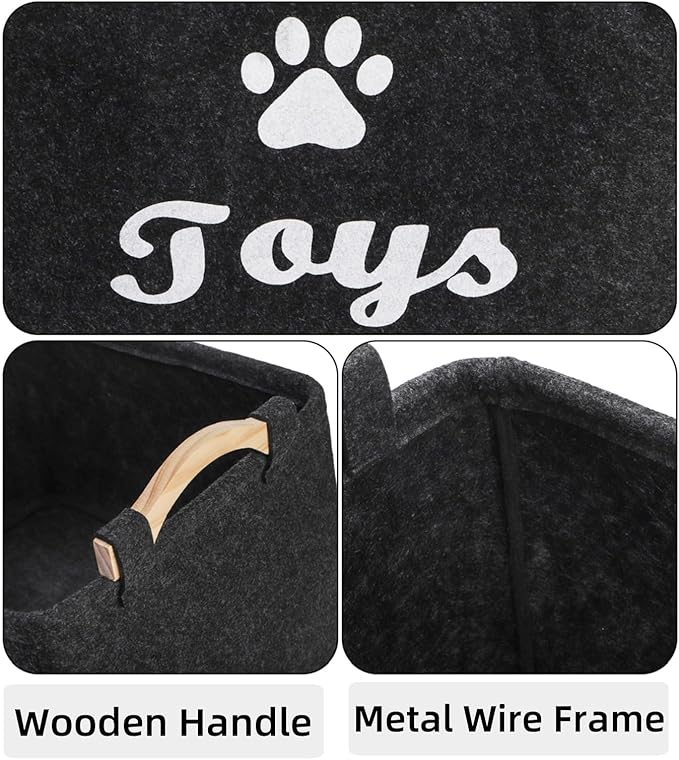 2 Pack Pet Toy Basket, Felt Collapsible Dog Toy Bin Box with Wooden Handles, Large Pet Supplies Storage Organizer for Toys, Blankets, Leashes, Clothing, 15" x 11" x 8.6''