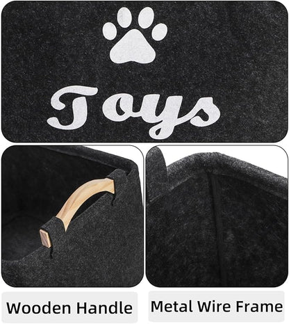 2 Pack Pet Toy Basket, Felt Collapsible Dog Toy Bin Box with Wooden Handles, Large Pet Supplies Storage Organizer for Toys, Blankets, Leashes, Clothing, 15" x 11" x 8.6''