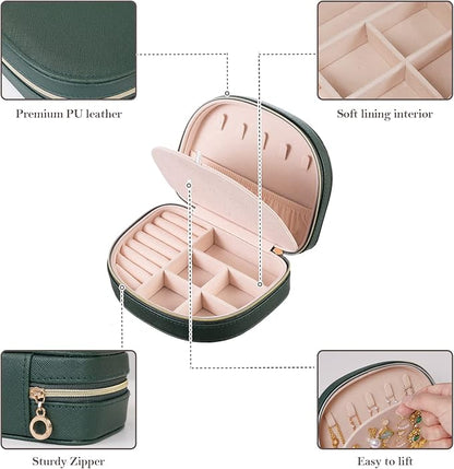ProCase Travel Size Jewelry Box, Medium Portable Seashell-Shaped Jewelry Case, 2 Layer Jewelry Organizer in PU Leather for Women -Emerald