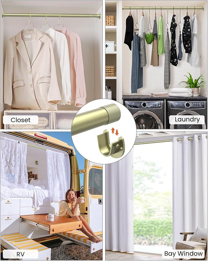 Closet Rods for Hanging Clothes, 17 to 28 Inches Stepless Adjustable Metal Closet Rod, 1.3 Inches Heavy Duty Clothes Hanging Rod for Closet Wardrobes Laundry RV, Verdant Gold