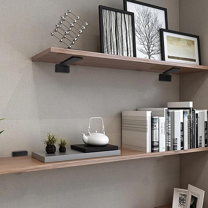 HITOMEN Heavy Duty Floating Shelf Brackets, 6-Inch (1/5'' Thick) Hidden Shelves Hardware, Iron L Brackets, Rustic Industrial Black Metal Wall Shelving Supports, 12 Pack