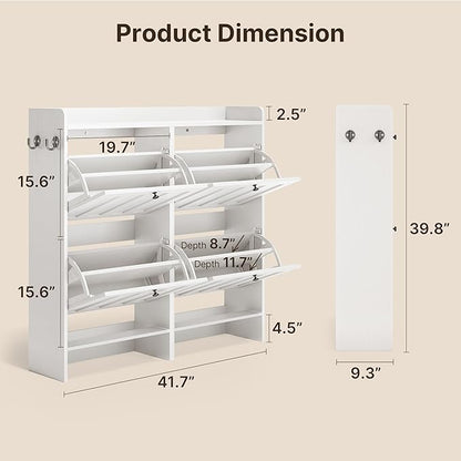 Gizoon Shoe Cabinet with 4 Fijp Drawers, Shoe Storage Cabinet for Entryway, Freestanding Hidden Rack with Open Shelf, Narrow Storage Organizer for Hallway, White