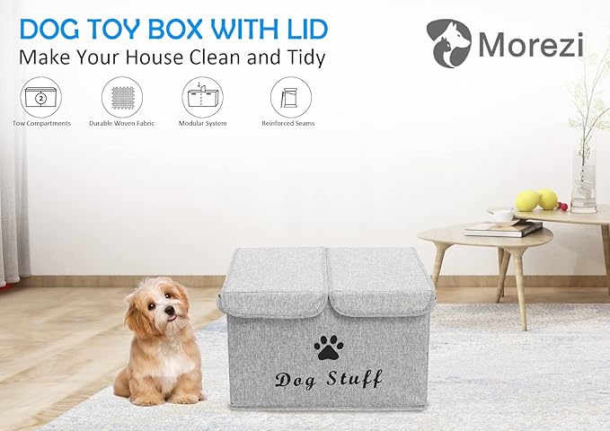 Dog toy box with lid dog storage organizer perfect basket for dog toys living room, playroom, closet, home organization and storage - Snow Gray