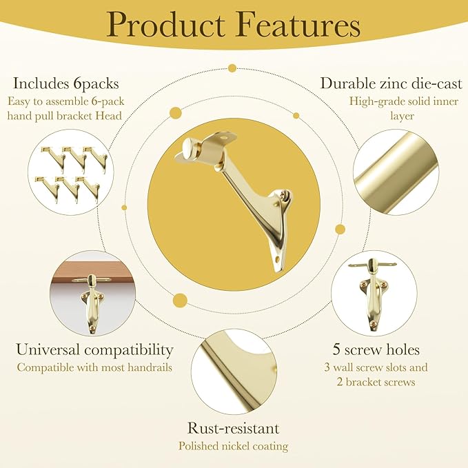 HOME MASTER HARDWARE Handrail Stair Brackets 3 Inch, 6 Pack Light-Duty Support Hardware for Stairways with Screws, Staircase Hand Rail Bracket for Home or Office, Bright Brass Finish