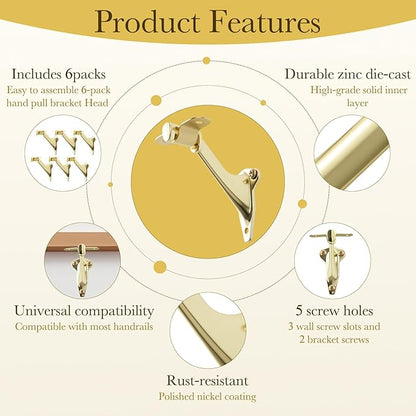 HOME MASTER HARDWARE Handrail Stair Brackets 3 Inch, 6 Pack Light-Duty Support Hardware for Stairways with Screws, Staircase Hand Rail Bracket for Home or Office, Bright Brass Finish