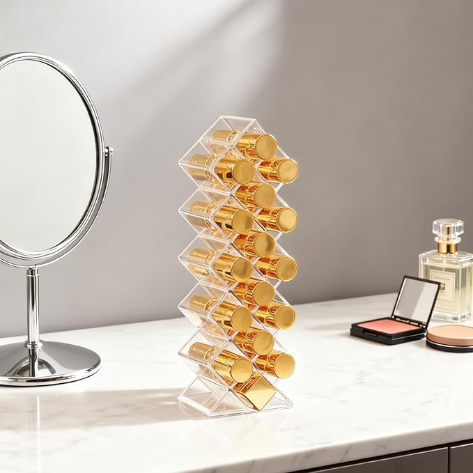 Lipstick Holder 16 Spaces Cute Fish Shape Cosmetic Lip Gloss Organizer for Countertop Clear Acrylic Makeup Perfume Storage Rack Drawer & Bathroom Novelty Desk Decor Vanity Display Case for Girls Women