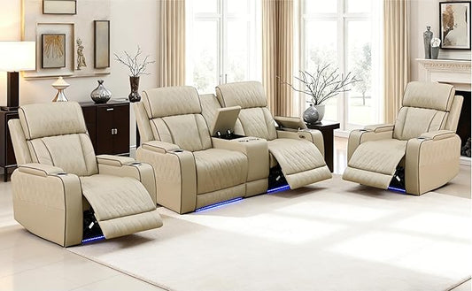 Khaki Leather Power Recliner Loveseat and 2 Chairs with Arm Storage and Read Light, Theater Seating Leather Living Room Reclining Loveseat with Cup Holders and Smart Charging Pad for Home