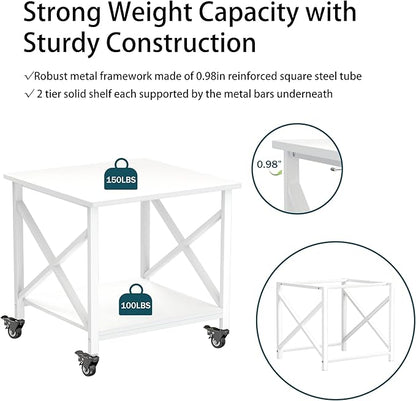 Printer Stand, 23.6 x 23.6 Inches Large Printer Stand with Storage Shelf, 2 Tier Printer Table for Home Office, Rolling Printer Cart with Industrial Wheels, Mini Fridge Stand Table, White