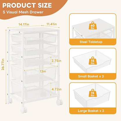 Rolling Storage Cart with 5 Drawers, Metal Utility Cart with Lockable Wheels, Craft Storage Art Cart, Rolling Drawer Cart for Living Room, Bedroom, Bathroom, Office, Home, White