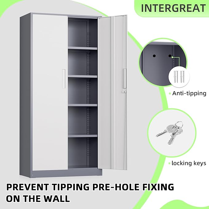 INTERGREAT Metal Storage Cabinet, 72" Locking Steel Cabinets with 2 Door and 4 Adjustable Shelves, Tall Metal Cabinet for Home Office, Garage, Warehouse,(New Grey)