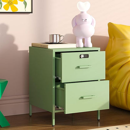 2 Drawer End Side Table with Lock Metal Nightstand, Lockable Storage Cabinet Kids Cabinet for Living Room, Bedroom, Dorm, 21.26”H X 15.75”W X 15.75”D (2 Drawer, Green)