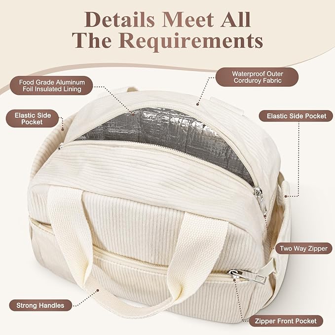 Lunch Bag Lunch Box for Women, Cute Corduroy Insulated Reusable Work Leakproof Simple Adults Large Lunch Boxes Tote Bag Men Cooler Bag