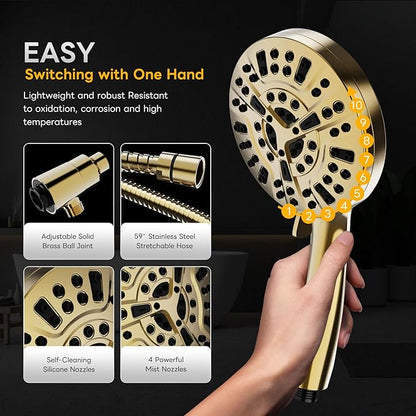 High Pressure 10 Ways Handheld Shower Head Brushed Gold- Anti-clog Nozzles, Built-in Power Wash to Clean Tub, Wall & Overhead Brackets,Magnetitc Rainfall Shower Wand,Built-in 2 Power Jet