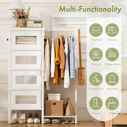 Bamboo Dresser with Hanging Rack, 4-Drawer Small Closet Organizer for Bedroom, Tall Storage Tower with Clothes Rack, Natural Wood 41.4"H x 31.3"W–Space-Saving Design, Easy Assembly （white）