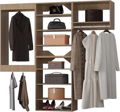 Modular Closet Organizer, 84" Wide Tower System with Hanging, Wooden Closet Storage for Walk-In and Bedroom, Wall-Mounted Wardrobe Organizer Kit