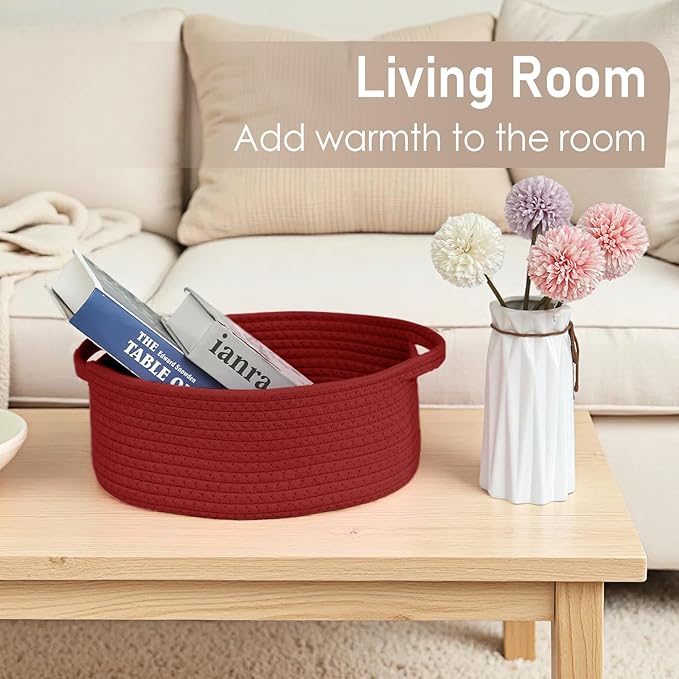 Woven Basket,Small Rope Storage Bin with Handles & Ribbon Bag, Organizer for Shelves Closets,Gift Basket Empty for Birthday,Books,Dog Toys, Red/3 Pack