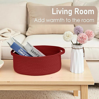 Woven Basket,Small Rope Storage Bin with Handles & Ribbon Bag, Organizer for Shelves Closets,Gift Basket Empty for Birthday,Books,Dog Toys, Red/3 Pack