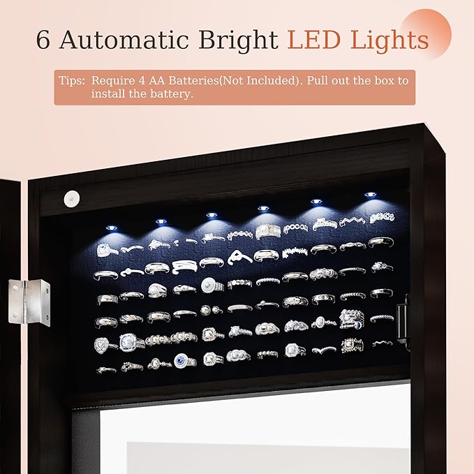 Mirror Jewelry Cabinet,Lockable Wall or Door Mounted Jewelry Armoire Organizer With Built-up Mirror,LED Lights, Drawers,Cosmetic Trays,Shelves, 14.4"x3.15"x 43.1"（Black）