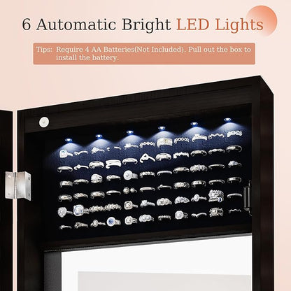 Mirror Jewelry Cabinet,Lockable Wall or Door Mounted Jewelry Armoire Organizer With Built-up Mirror,LED Lights, Drawers,Cosmetic Trays,Shelves, 14.4"x3.15"x 43.1"（Black）