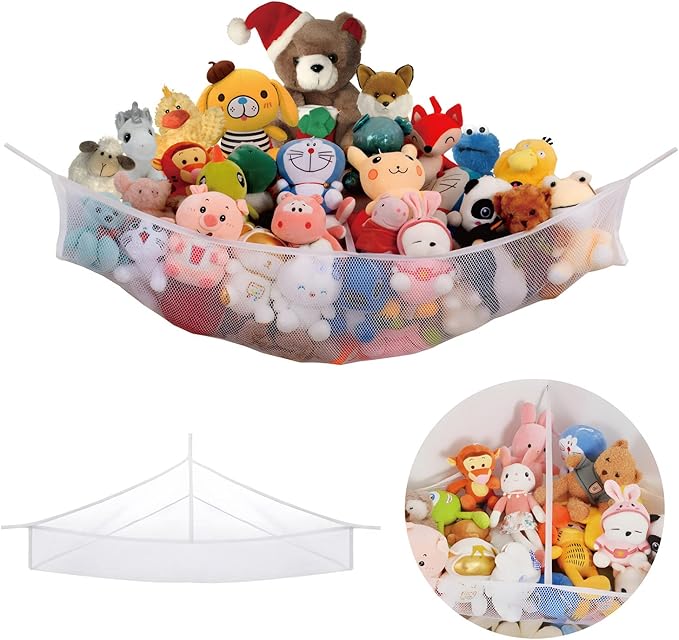 Large Stuffed Animal Net Hammock Corner (Min 3 Feet Right-angled Corner Space Each Side) Toy Organizer for Plushies Hanging Holder for Organizing your Teddy and Squishmallow (White, Large)