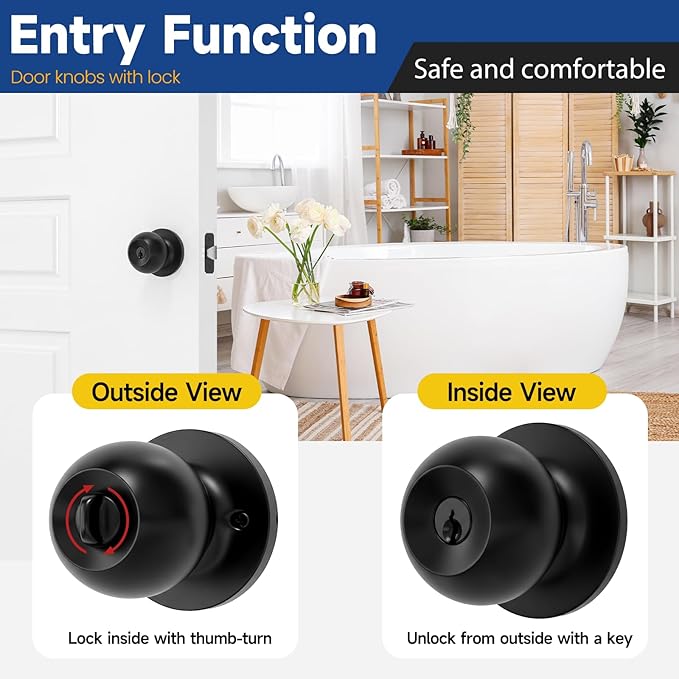 5 Pack Keyed Entry Door Knob with Lock and Key, Exterior and Interior Door Knob for Bedroom or Bathroom, Matte Black, Not Keyed Alike