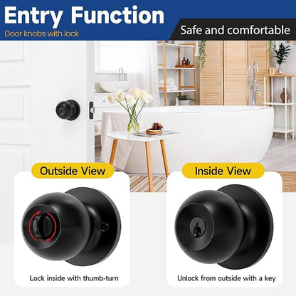 4 Pack Keyed Entry Door Knob with Lock and Key, Exterior and Interior Door Knob for Bedroom or Bathroom, Matte Black, Not Keyed Alike