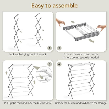 KINGBOARD Clothes Drying Rack, Collapsible Drying Rack Clothing with 11 Poles, 3-Tier Laundry Drying Rack, Small Clothes Drying Rack Foldable for Baby Clothes, 25lb Capacity, Grey