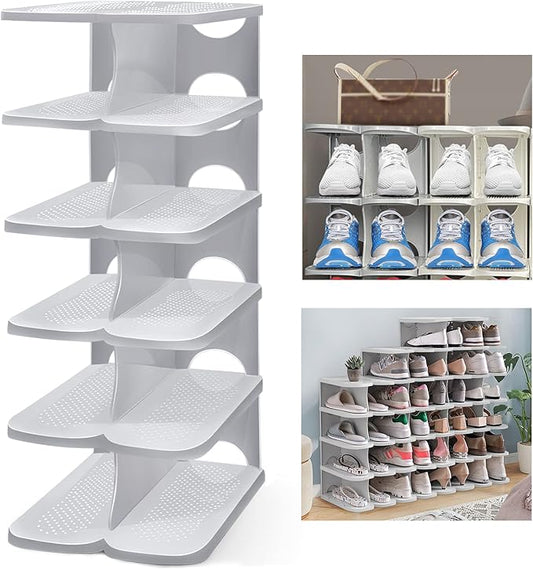6-Tier Thickening Cubby Shoe Rack, Free Combination Shoe Organizer for Closet, Free Standing Shoe Tower, Stackable Space-Saving Adjustable Shoe Storage Shelf, Grey