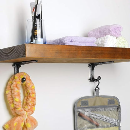 Shelf Brackets with Hooks 6 Inch, Heavy Duty Floating Shelf Bracket, Cast Iron Shelving Brackets for DIY Wall Shelves, Rustic Shelf Brackets, 2 Pack