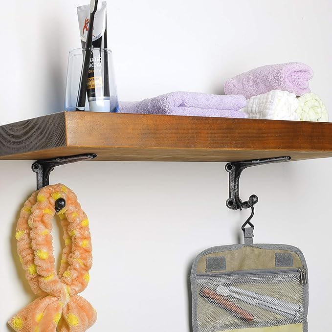 6 Inch Decorative Shelf Brackets-Heavy Duty Wall Brackets with Hooks Shelve Brackets Metal for Open Shelves Vintage Shelf Supports Farmhouse-4 Pack