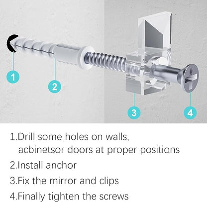 Mirror Holder Clips Kit,Crystal Clear Plastic Mirror Clip,Mirror Holder Clips Glass Retainer Clips Kit,Mirror Hanging kit with Screws and Fixed Mirror Box Door (Classic Style-100Sets)