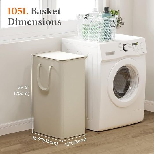Lifewit 105L Large Big Laundry Hamper, Laundry Basket with Lid, Dirty Collapsible Clothes Storage with Easy Carry Extended Handles, Tall Hampers for Bedroom Laundry Room, White, 1 Pack
