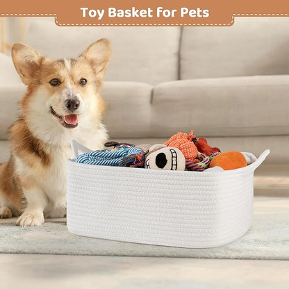 Empty Gift Baskets for Baby Shower, 15.4"L x 11.4"W x 6.7"H Cute Woven Storage Basket with Gift Bags and Ribbons, Small Rope Toy Basket with Handles, Cat Dog Pet Toy Organizer - Small White
