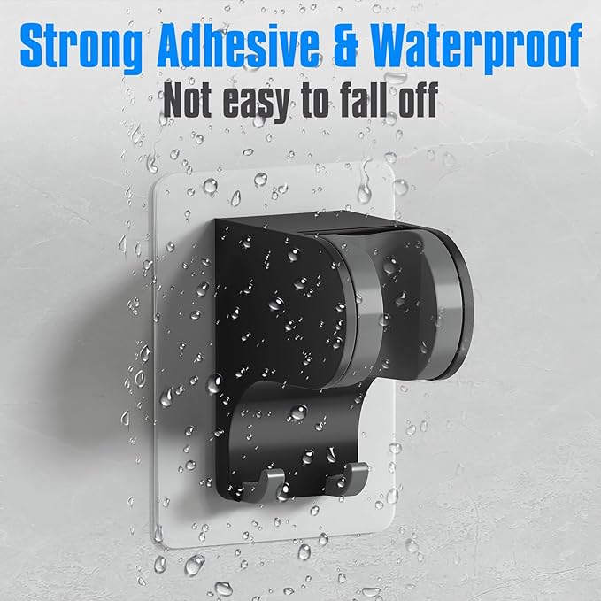 JONKEAN Shower Head Holder Without Drilling, 3m Handheld Shower Head Holder Adhesive, 50°Adjustable Shower Wand Holder Wall Mount, Shower Head Bracket with Hook (Black, 1 Pack)