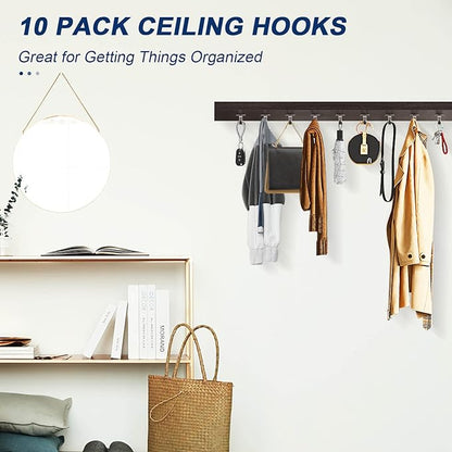 NearMoon Stainless Steel Screw Mounted Ceiling Hooks, Under-Shelf Towel/Robe Clothes Hook Heavy Duty Coat Hanger for Bathroom Kitchen Cabinet Garage, 10 Pack (Brushed Nickel)