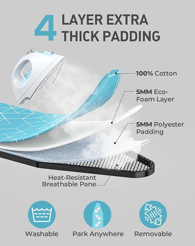 LyriFine Ironing Board, 2-in-1 Flat and Hanging Board, Sturdy Steel Frame Iron Board with Non-Slip Feet, Heat Resistant Cover Iron Board, Foldable Ironing Board Full Size with Hook, 14″ x 43″ Blue