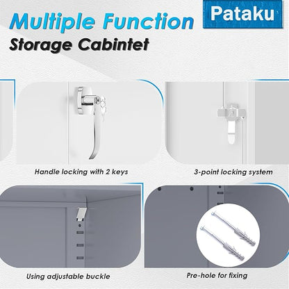 Pataku Metal Storage Cabinet, Garage Cabinet with Doors and Shelves 36" Hx32 Wx16 D, Steel Lockable File Cabinets for Office, Home, Garage, Basement, Industrial, White Grey