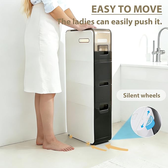 Ultra Thin Bathroom Storage Cabinet with Drawers for Living Room, Slim Bathroom, Kitchen, Room and Other Small Items (4 Tiers)