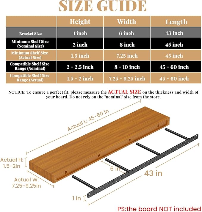 2pcs Floating Shelf Bracket Heavy Duty,Decorative Floating Shelf Hardware Hidden Black Metal Fireplace Mantel Brackets (43"X6"X1.0" with Tools)