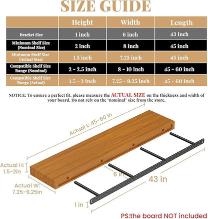 2pcs Floating Shelf Bracket Heavy Duty,Decorative Floating Shelf Hardware Hidden Black Metal Fireplace Mantel Brackets (43"X6"X1.0" with Tools)