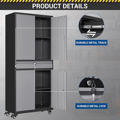 73" Metal Cabinet-Black&Gray Heavy Duty Rolling Storage Cabinet Steel Tool Cabinets with Wheels, Shelves, Lockable Doors and Drawers- for Garage, Pantry, Warehouse - Assembly Required