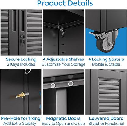 Mop and Broom Closet Storage Cabinet with Wheels and Pegboard,Metal Garage Storage Cabinet with Doors and Adjustable Shelves for Garage Home,Required Assembly,Black