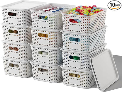 Plastic Storage Basket with Lids 12 Pack Stackable Storage Bins Containers with Lid, Decorative Storage Boxes for Organizing Shelves, Drawers, Playroom, Classroom, Office, Closet, White