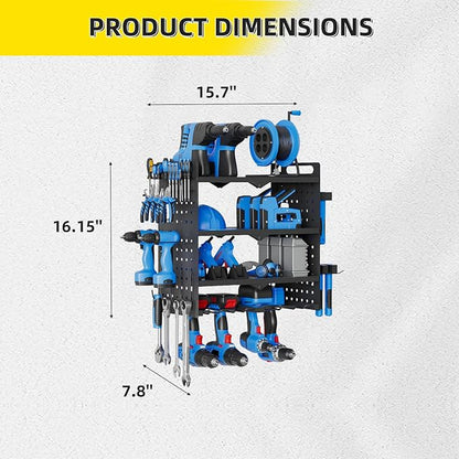 Power Tool Organizer Wall Mount with Charging Station, Drill Holder, Heavy Duty Storage Utility Racks, Supports 600 lbs,Battery Shelf for Garage and Workbench (16 Inch 4 Drills Holder)