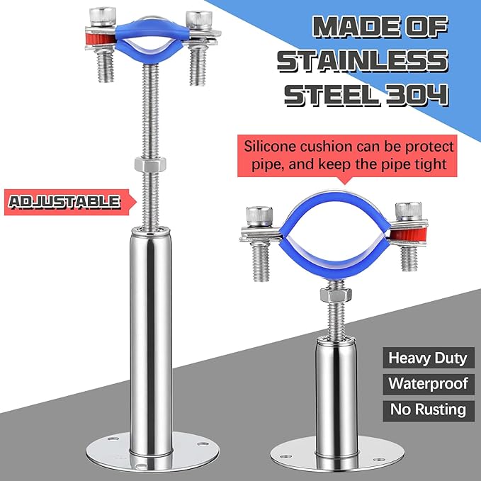 8 Pcs 304 Stainless Steel Wall Mount Ceiling Mount Pipe Supports Bracket, Suitable for OD 1/4''(15-19mm), Adjustable Height Height 100-200mm, Pipe Strap Clamp with Screws