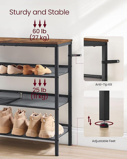 VASAGLE Shoe Rack for Entryway, 4-Tier Shoe Rack Organizer with Storage Shelves and Spacious Top, Freestanding, Adjustable, Industrial, Rustic Brown and Ink Black ULBS040B01