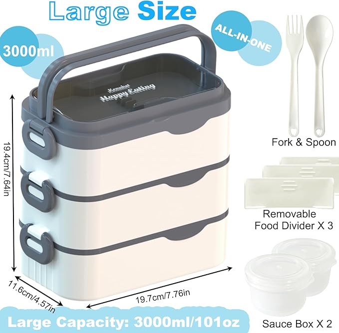 Bento Box Adult Lunch Box, Stackable 3 Layers Large Capacity Lunch Containers, Microwave and Dishwasher Safe Food Grade Containers with Utensils, Dividers and Sauce Boxes for Men, Women, Kids