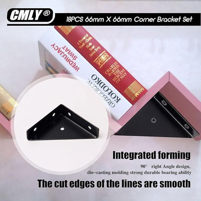 Corner Brace Brackets,18Pcs 66mm x 66mm Corner Braces for Wood, Metal Corner Brackets, Triangle Shelf Bracket, Black Angle Bracket, Corner Desk Connector for Bed, Table, Cabinet