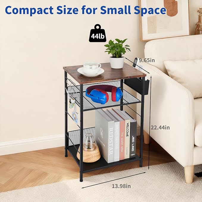 Small Under Desk Storage, Brown Printer Stand with Storage Shelf, 3-Tier Height Adjustable Printer Table with Basket & 3 Hooks for Home Office Fax Machine Scanner Files